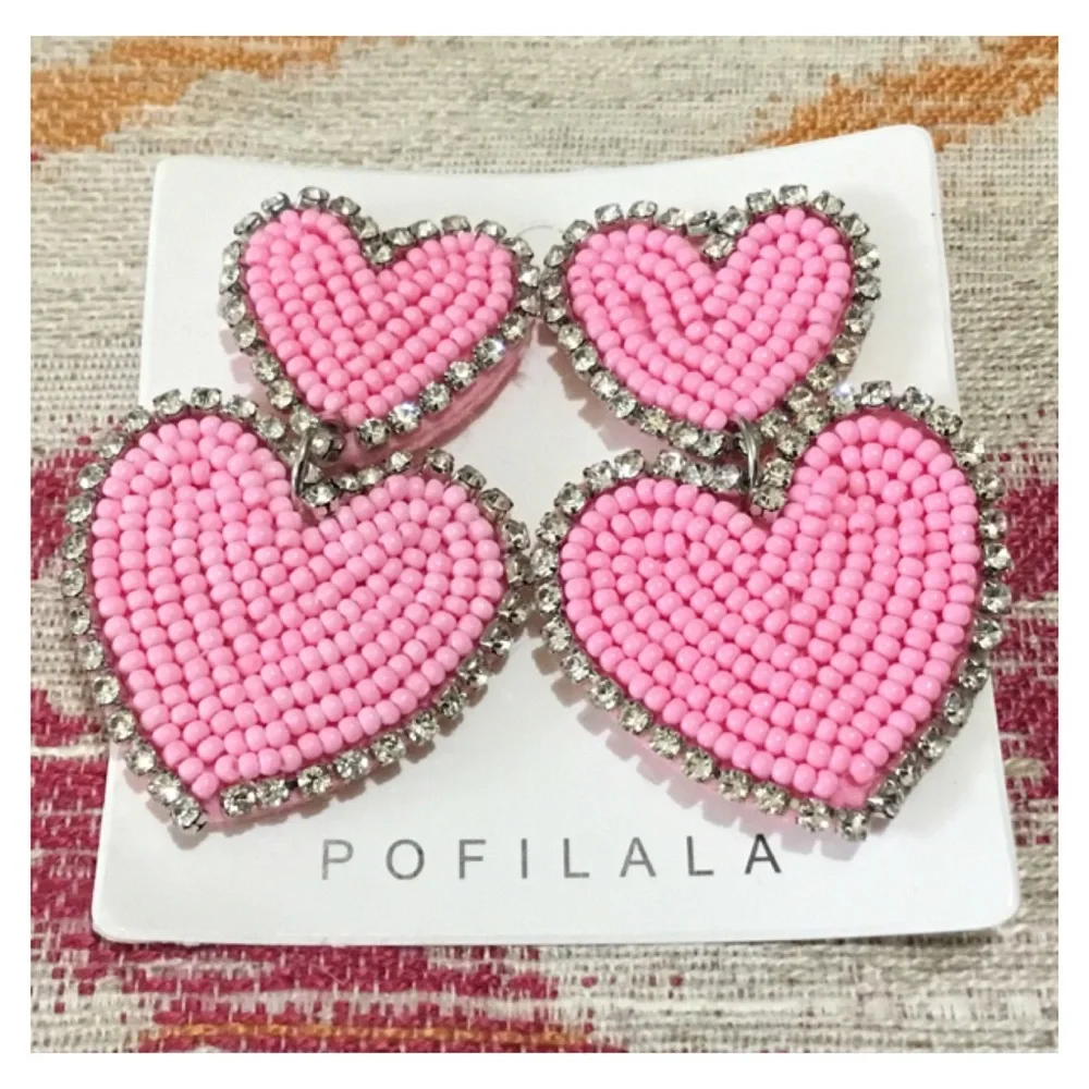 New! Large Pink Bead Rhinestone Hearts Studded Earrings